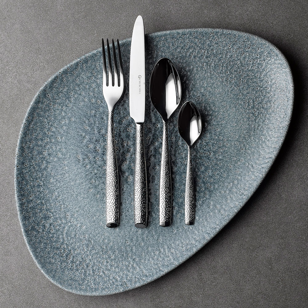 NON-FOOD-SHOT-RAKU-TOPAZ-BLUE-TRIANGLE-PLATE-WITH-RAKU-CUTLERY-EXT